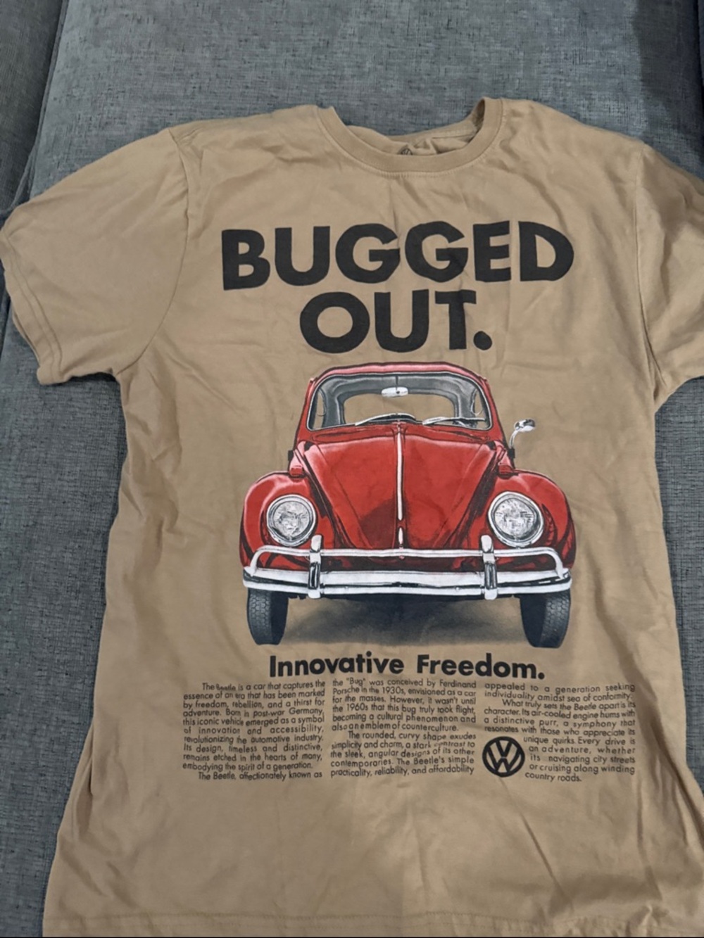 Men's Tan Short-Sleeve Tee with Red Vintage Car Graphic